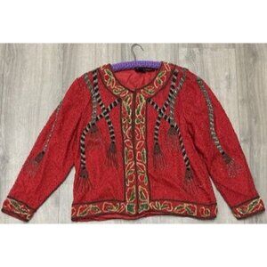 Vintage Tassels Sequin Jacket 80’s Beaded Rope Red 100% Silk Women Size XL